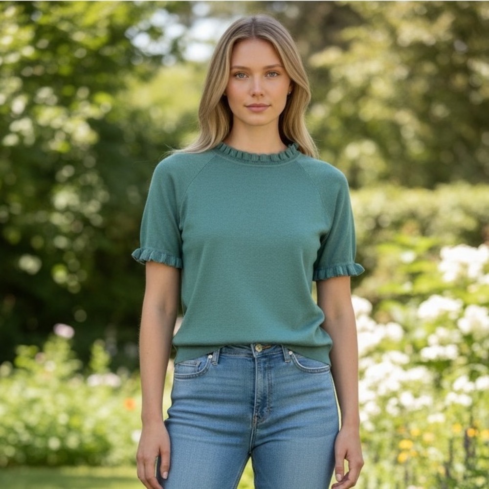 Crewcuts Sage Green Ruffle Trim Cotton Knit Short Sleeve Sweater CN265 XXL 15-16